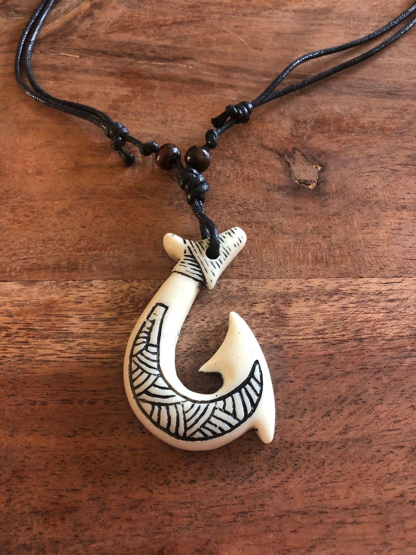 Buffalo Bone Makau Necklace: Polynesian Fish Hook, Adjustable Boho Surfer Style
