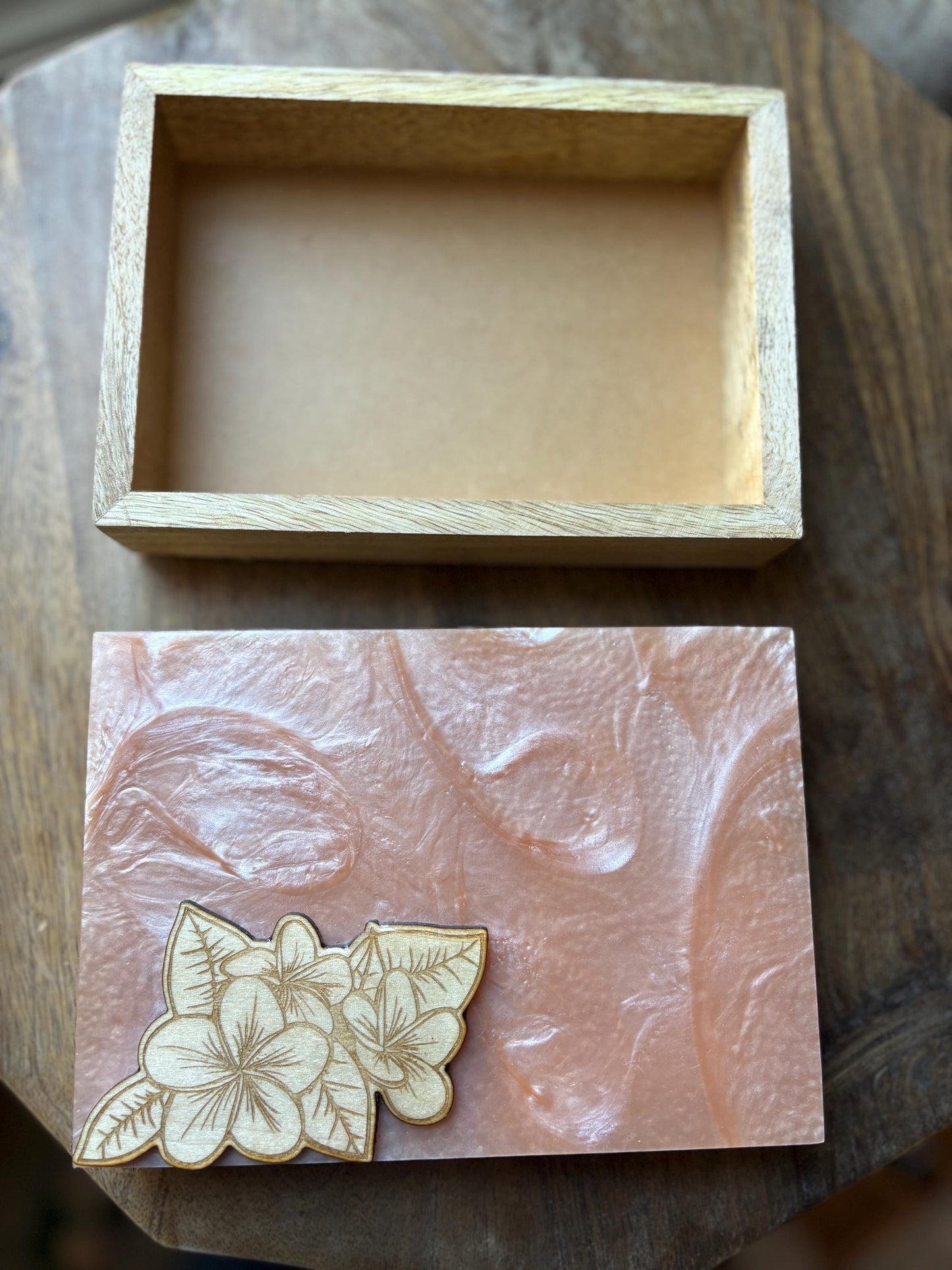 Hand-Crafted Polynesian & Micronesian Wooden and Faux Shell Inlay Box with a Plumeria Burned Wood Decor
