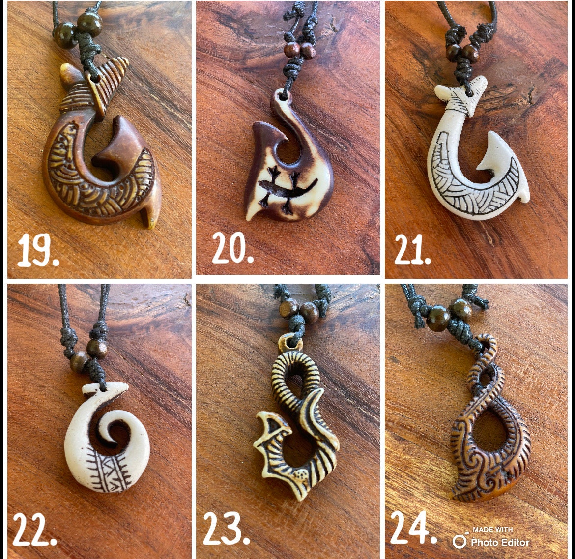 Maui Hooks - Hei Makau Adjustable Bone & Resin Necklaces- Story included in images!