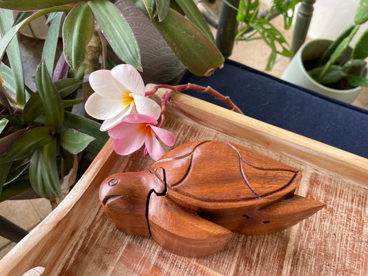 Handmade Sea Hibiscus Wood Turtle Puzzle Box – Hidden Compartment