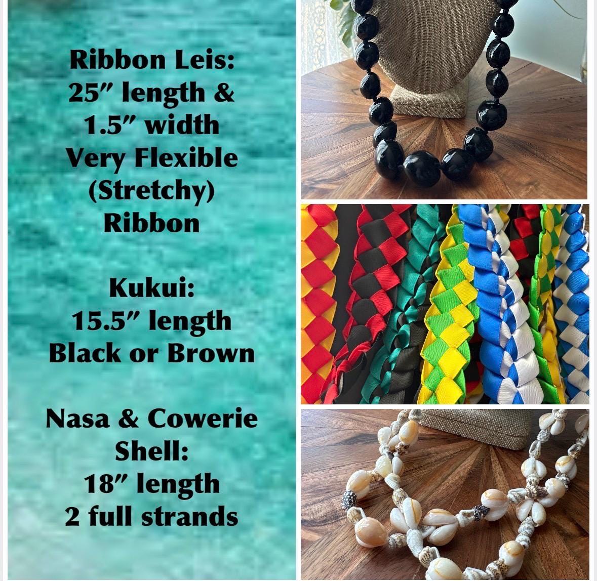 Hand Woven Ribbon Lei with Kukui Nut & Cowrie Shells