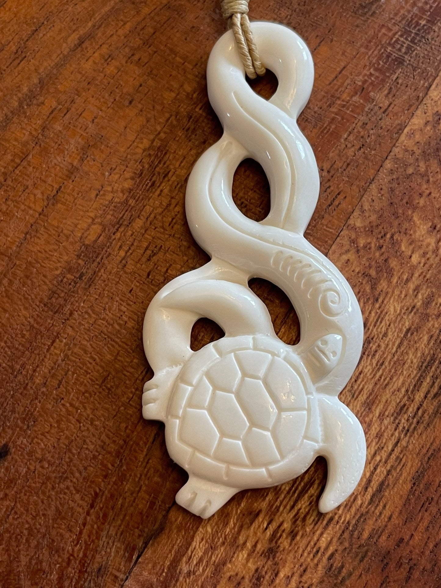 Hand Carved Buffalo Bone Turtle Pikorua Necklace, Adjustable Length