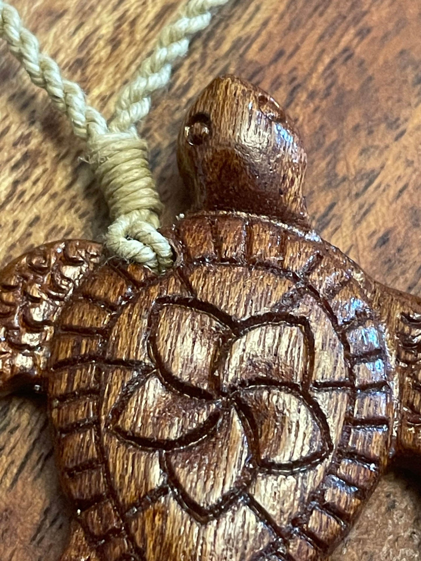 Hand Carved Koa Wood Sea Turtle Necklace - Plumeria Honu Pendant