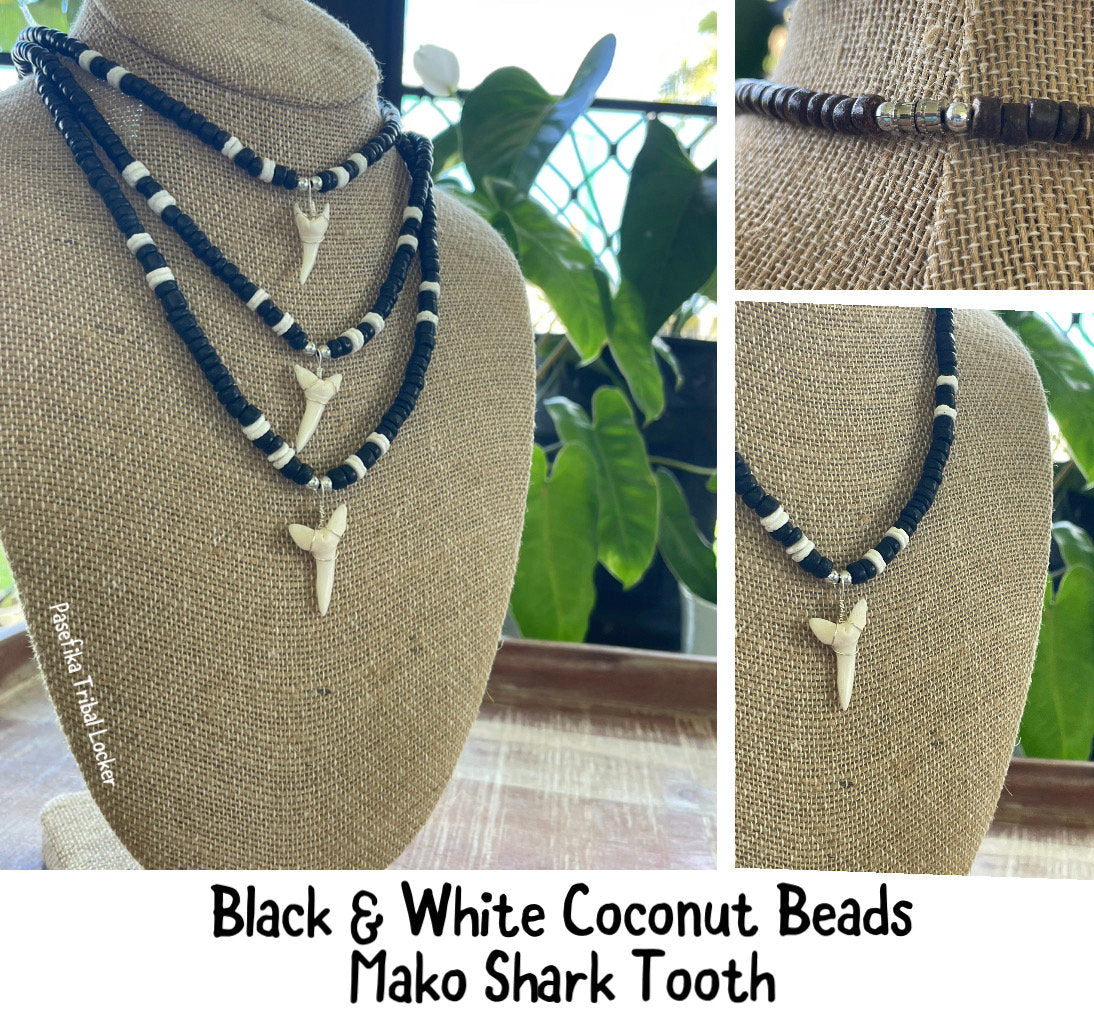 Authentic Mako & Fossilized Moroccan Shark Tooth Necklaces on Coconut Beaded Necklaces with Silver Clasp