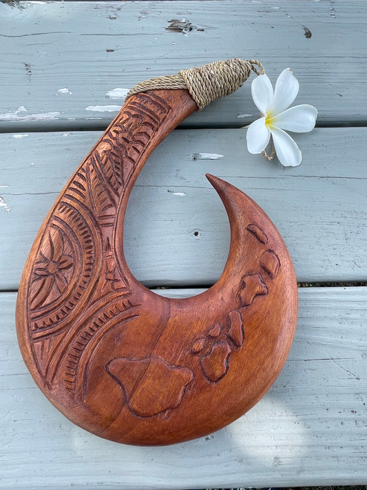 Hand-Carved Sea Hibiscus Wood Makau – Hawaiian Islands Map, Tribal Design