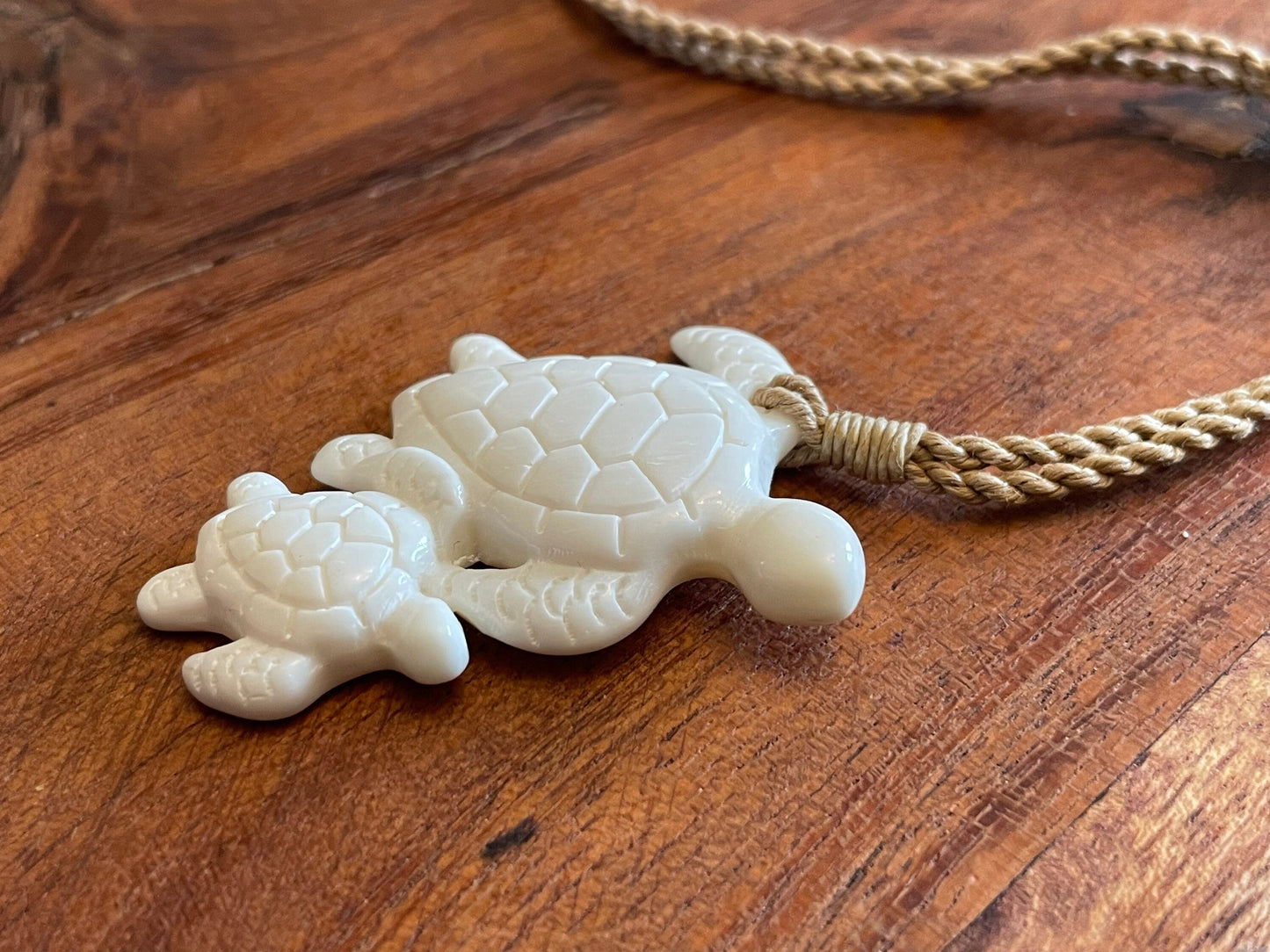 Momma and Baby Sea Turtle Duo Hand Carved Solid Bone Adjustable Necklace