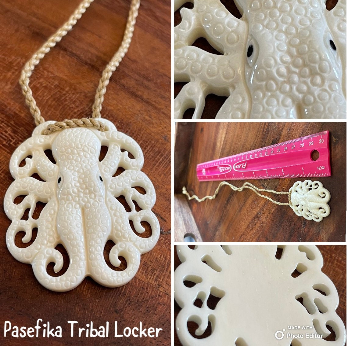 Hand Carved Buffalo Bone Octopus Pendant, Surfer Cord Necklace