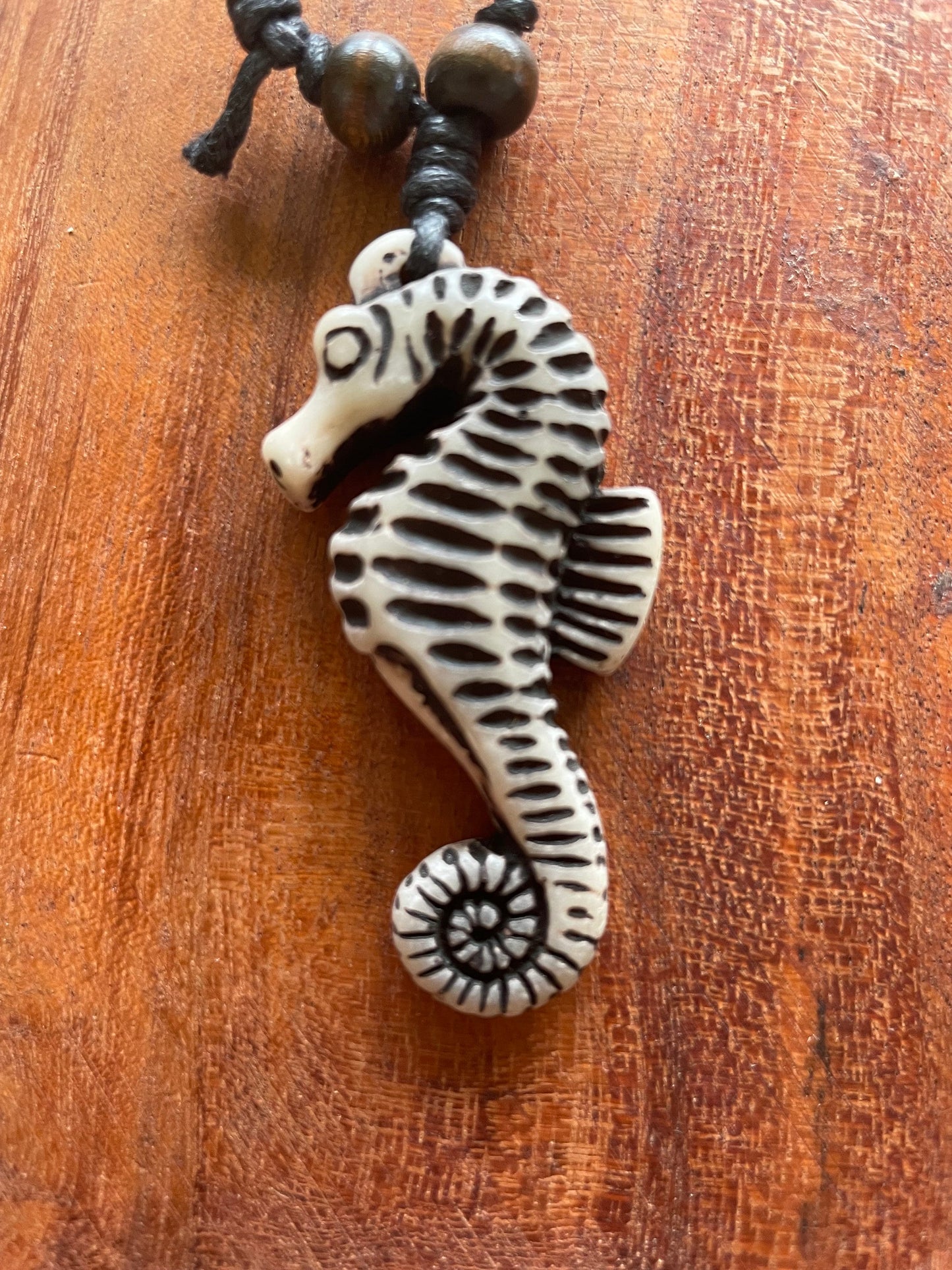 Detailed Handcrafted Bone & Resin Seahorse Pendant Adjustable Necklace