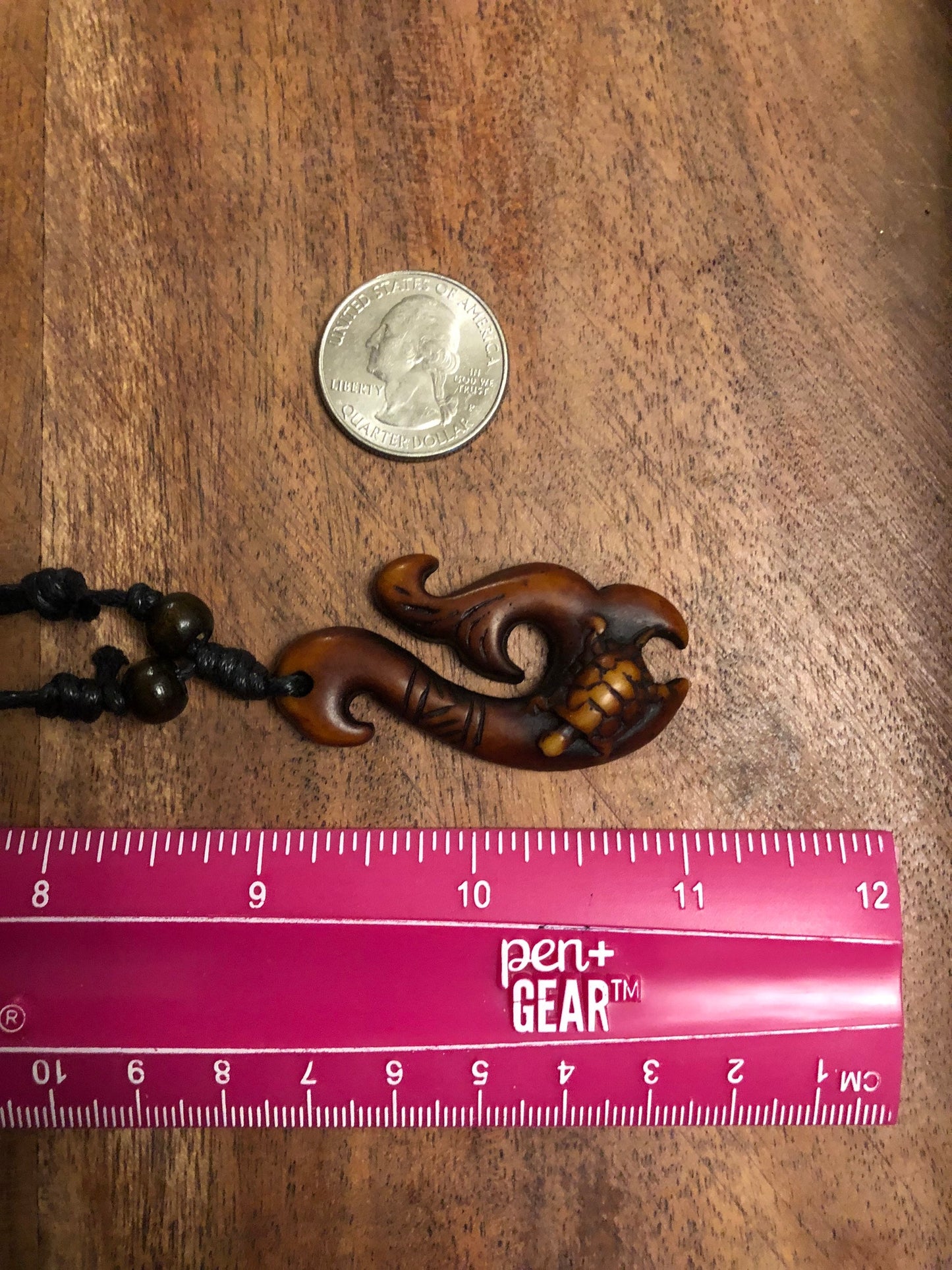 Polynesian Fish Hook Necklace, Buffalo Bone & Resin Honu Turtle Pendant