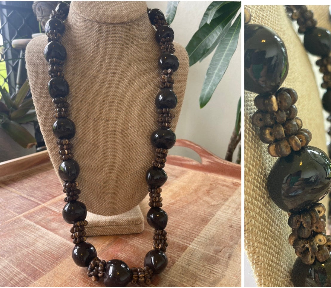 Authentic Kukui Nut Lei – 30” Ribbon Tie Polynesian Necklace