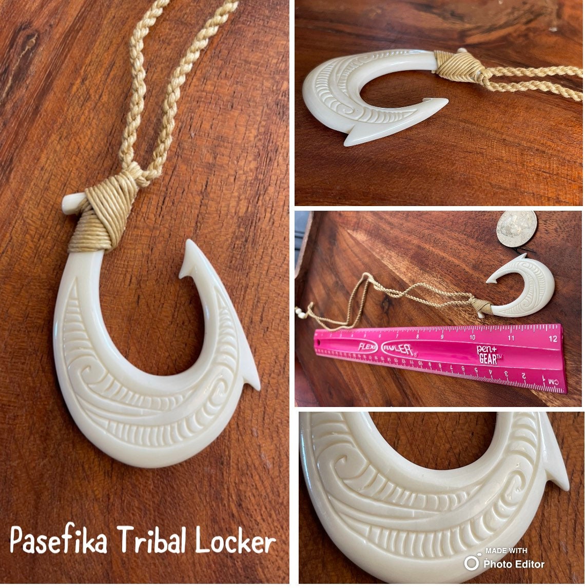 Hand Carved Buffalo Bone Fish Hook Necklace, Hei Makau Koru
