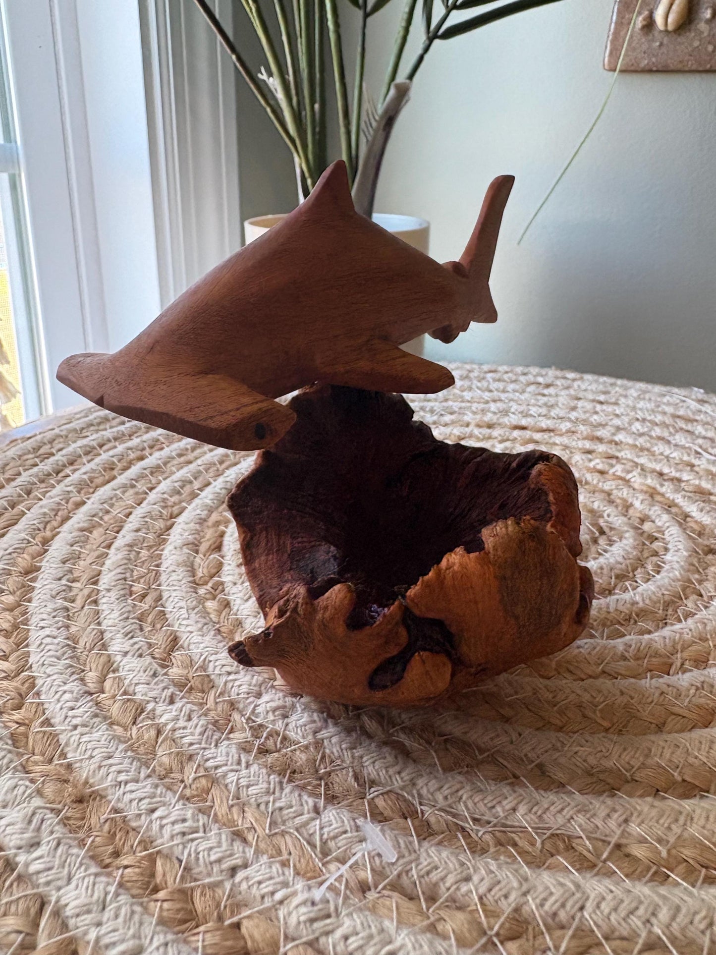 Hand Carved Hammerhead Shark on Leech Wood Base