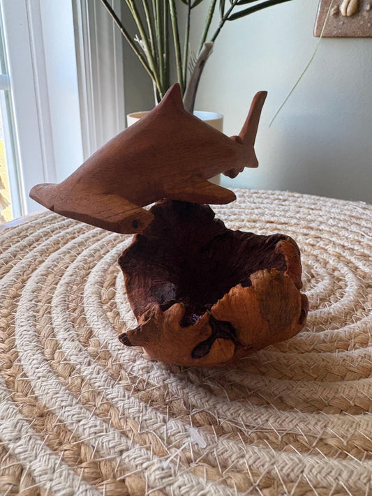 Hand Carved Hammerhead Shark on Leech Wood Base
