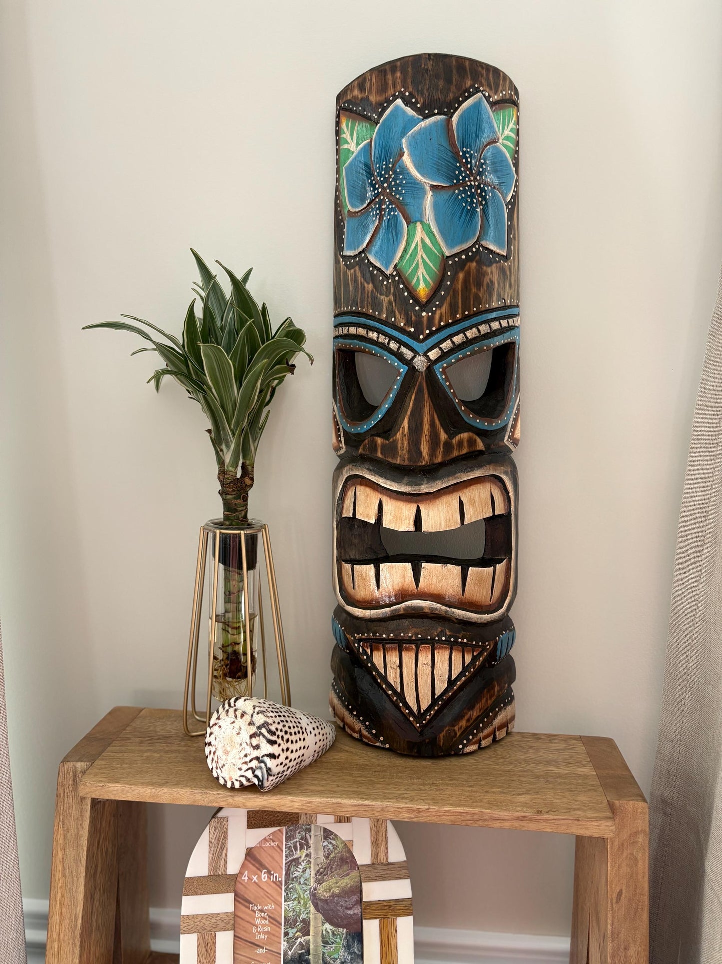 Blue Plumeria Hawaiian Tiki - Lightweight Teakwood Handcarved and Handpainted Display