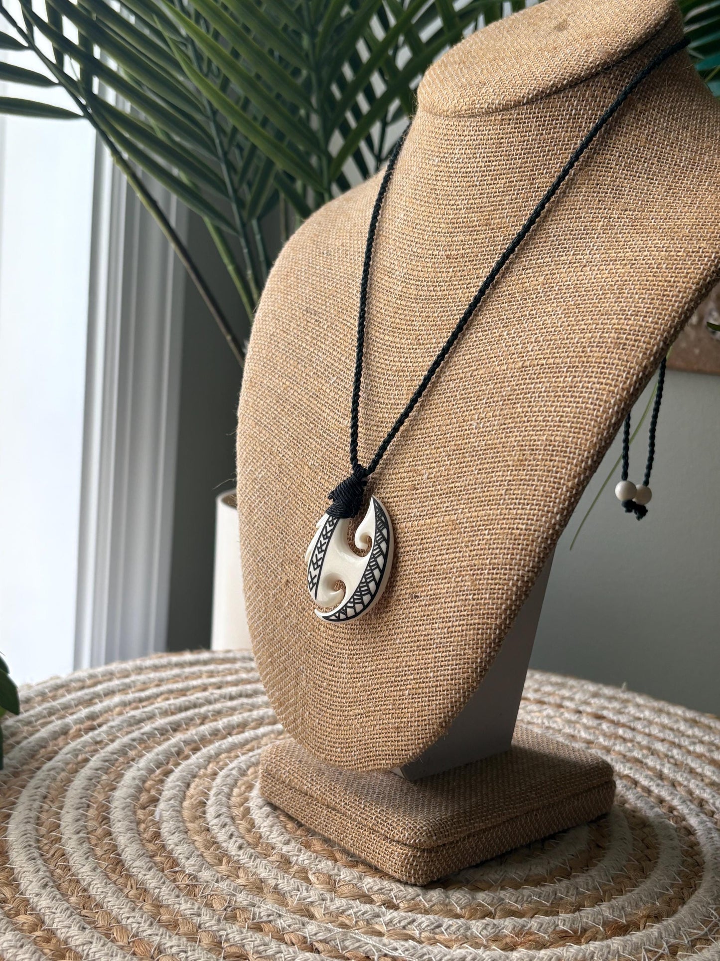 Hand Carved Buffalo Bone Makau Fish Hook Necklace Engraved with Pasefika Symbolism