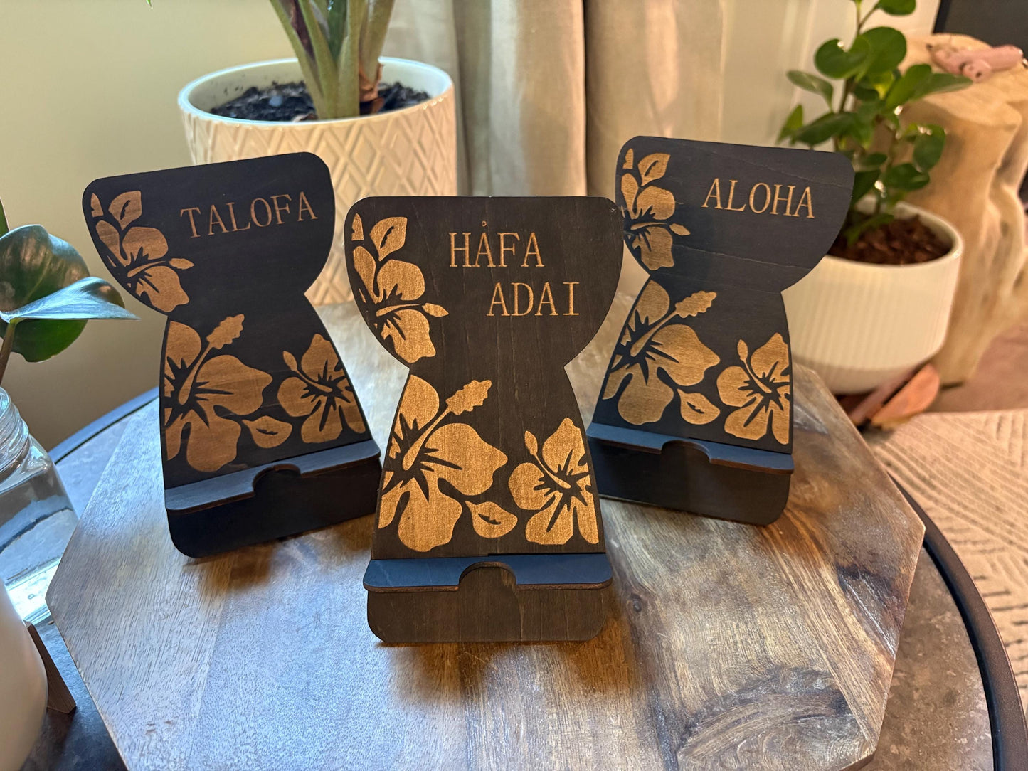 Customizable Micronesian, Polynesian Latte Stone Cell Phone Holder: Engraved Hibiscus Design
