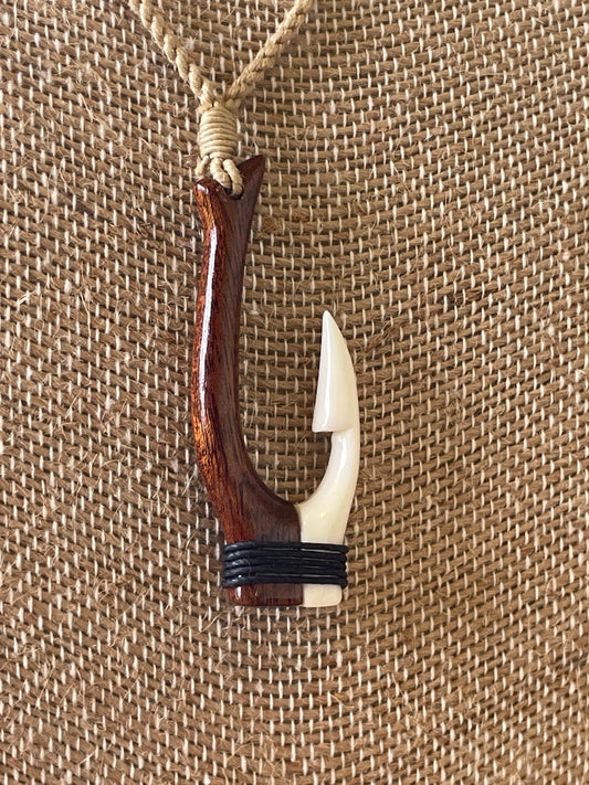Hand Carved Koa Wood & Buffalo Bone Makau Necklace – Polynesian Fish Hook