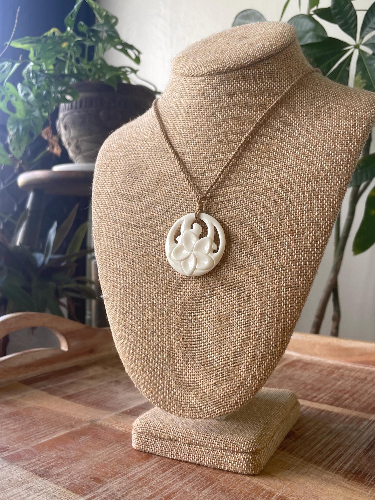 Hand Carved Bone Plumeria Necklace, Polynesian Boho Jewelry