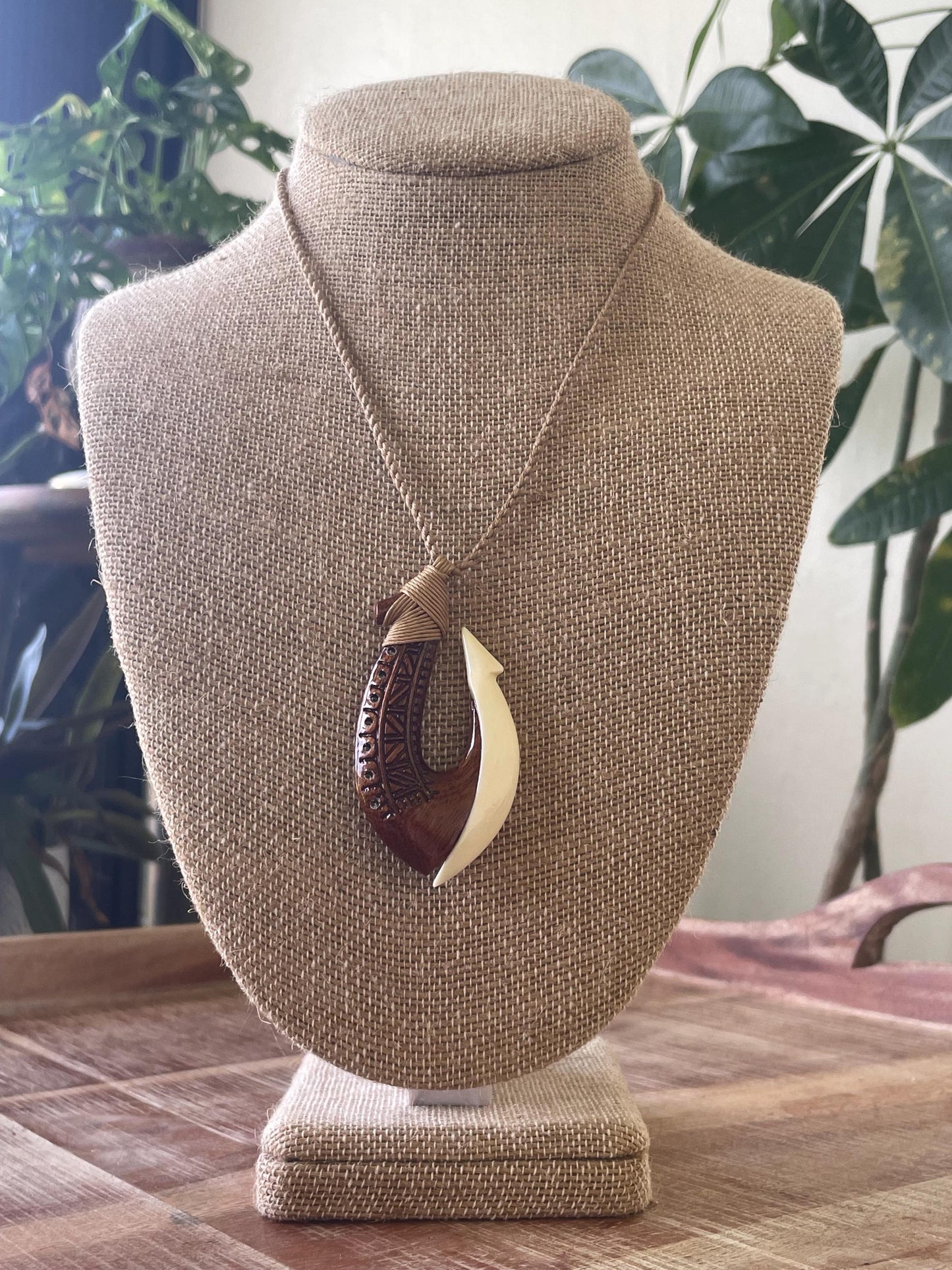 Handcarved Bone & Koa Wood Makau Necklace – Adjustable Cord