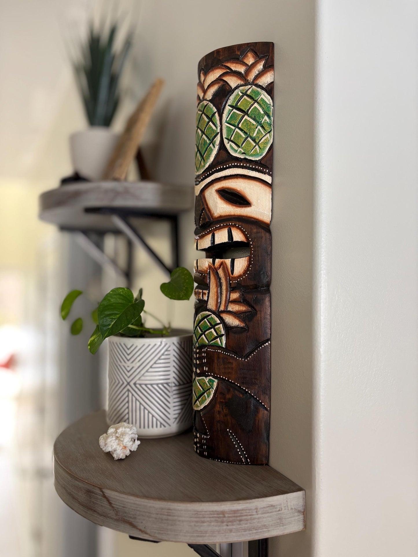 Pineapple Themed Teakwood Lightweight Handcarved and Handpainted Hawaiian Tiki Display