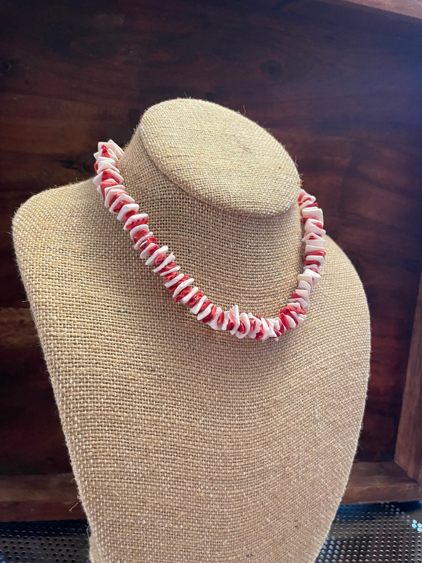 Red and White Puka Shell Necklace - Striped Retro Style, .925 Silver Clasp