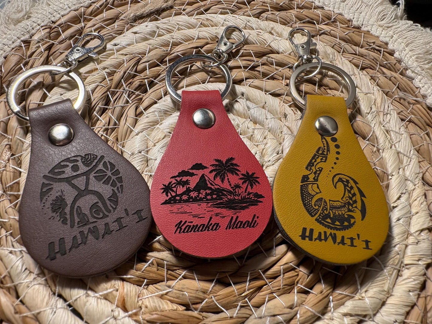 Leather Engraved Hawaiian Keychains with Swivel Metal Clip - Personalization Available