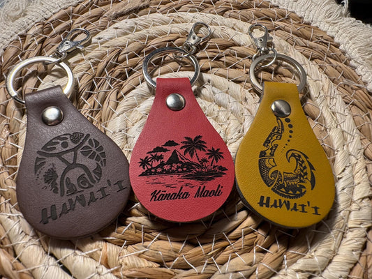 Leather Engraved Hawaiian Keychains with Swivel Metal Clip - Personalization Available