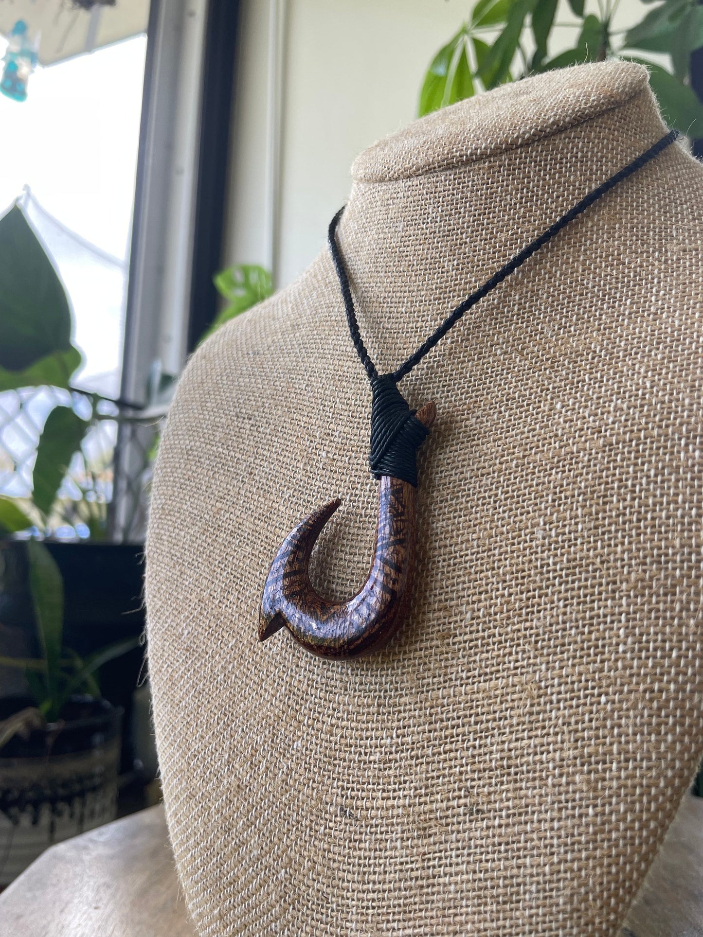 Handsomely Hand Carved Koa Wood Hawaiian Makau (Fish Hook) Necklace with Traditional Polynesian Designs. Adjustable Surfer Cord for Anyone