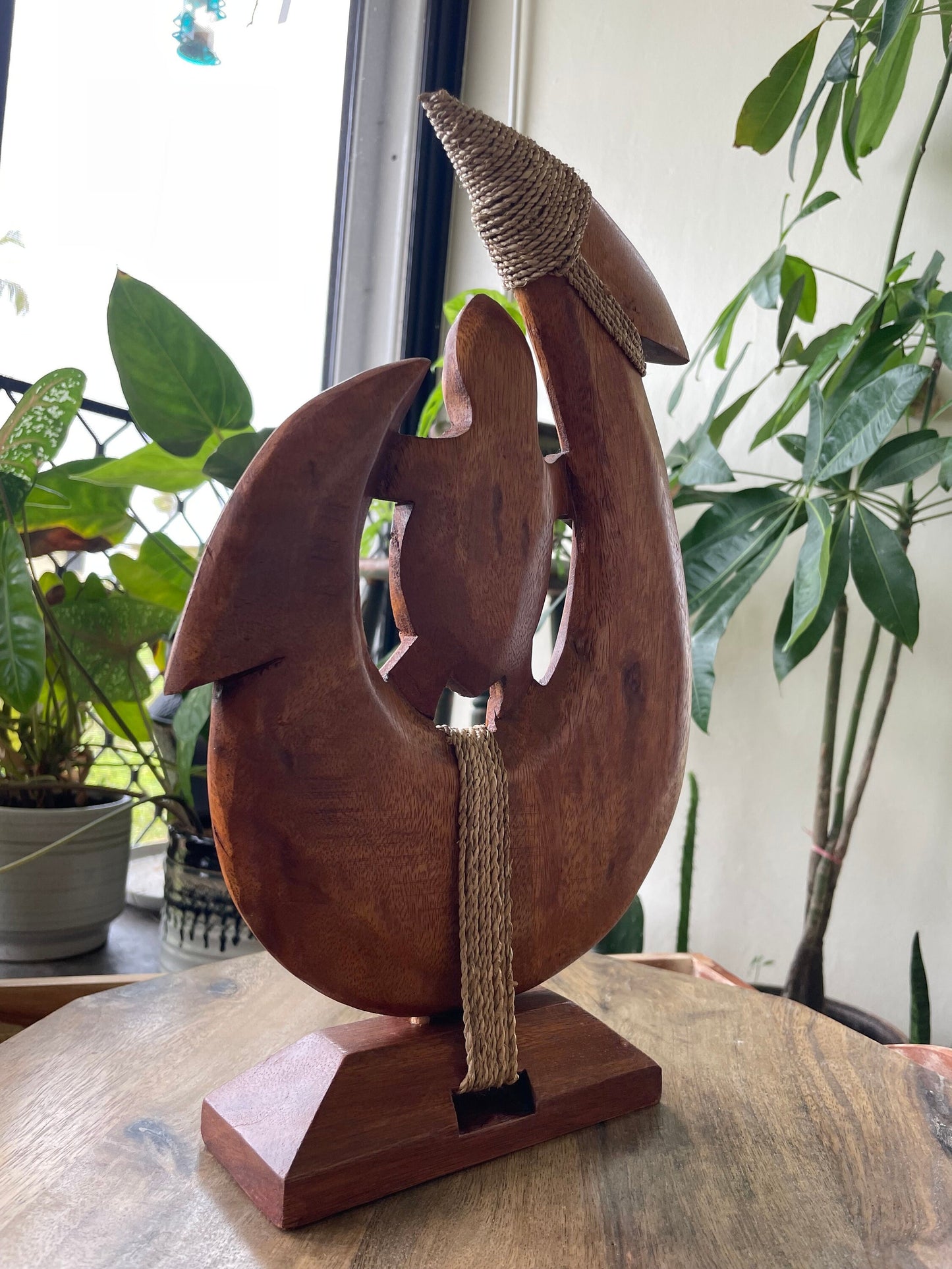 Amazingly Detailed Solid Sea Hibiscus Wood- Hand-Carved Makau with Honu or Sea Turtle on a Base. Beautiful Tribal Designs