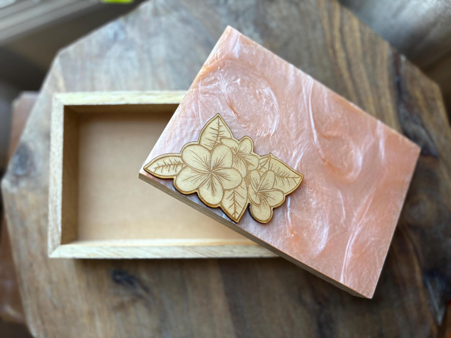 Hand-Crafted Polynesian & Micronesian Wooden and Faux Shell Inlay Box with a Plumeria Burned Wood Decor