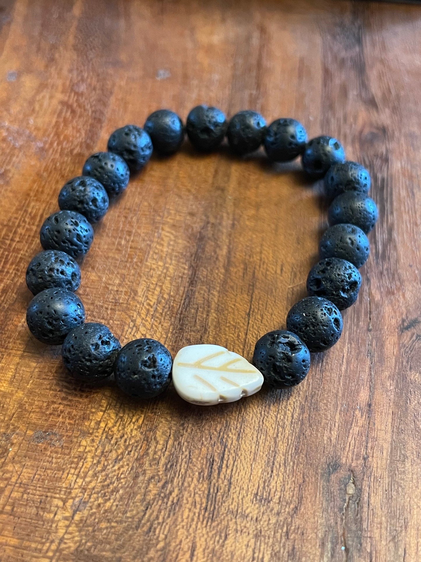 Authentic Lava Bead Elastic Bracelet with Sweet Clay Bead Leaf/Feather Accent