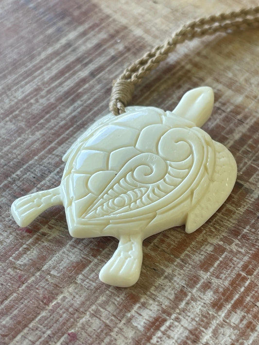Hand Carved Buffalo Bone Sea Turtle Pendant – Adjustable Necklace