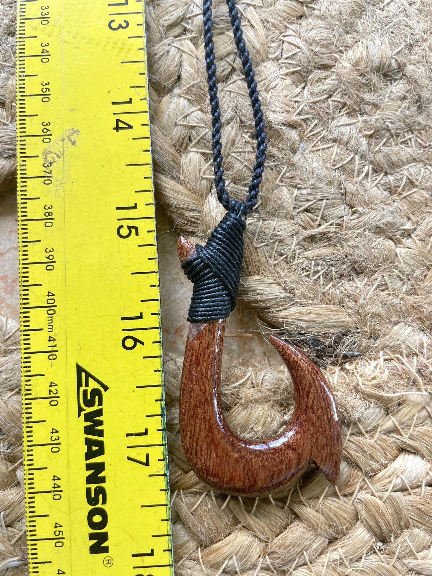Handsomely Hand Carved Koa Wood Hawaiian Makau (Fish Hook) Necklace with Traditional Polynesian Designs. Adjustable Surfer Cord for Anyone