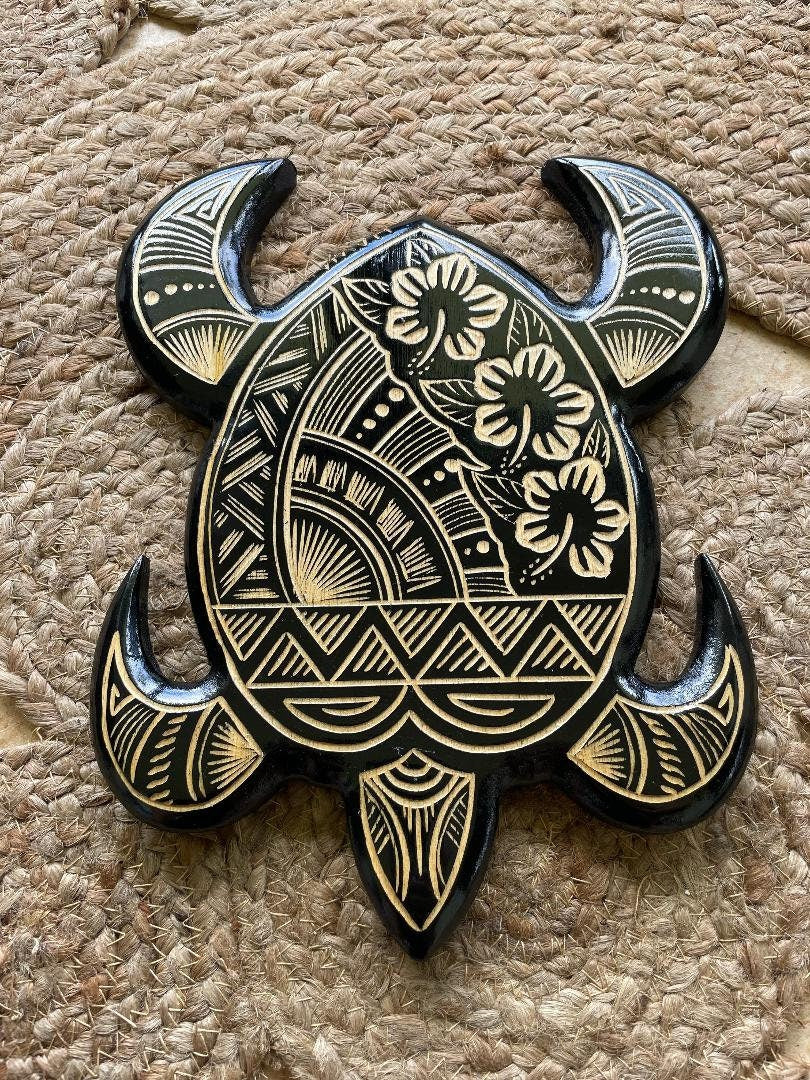 Hand Carved Polynesian Sea Turtle Plaque with Hibiscus
