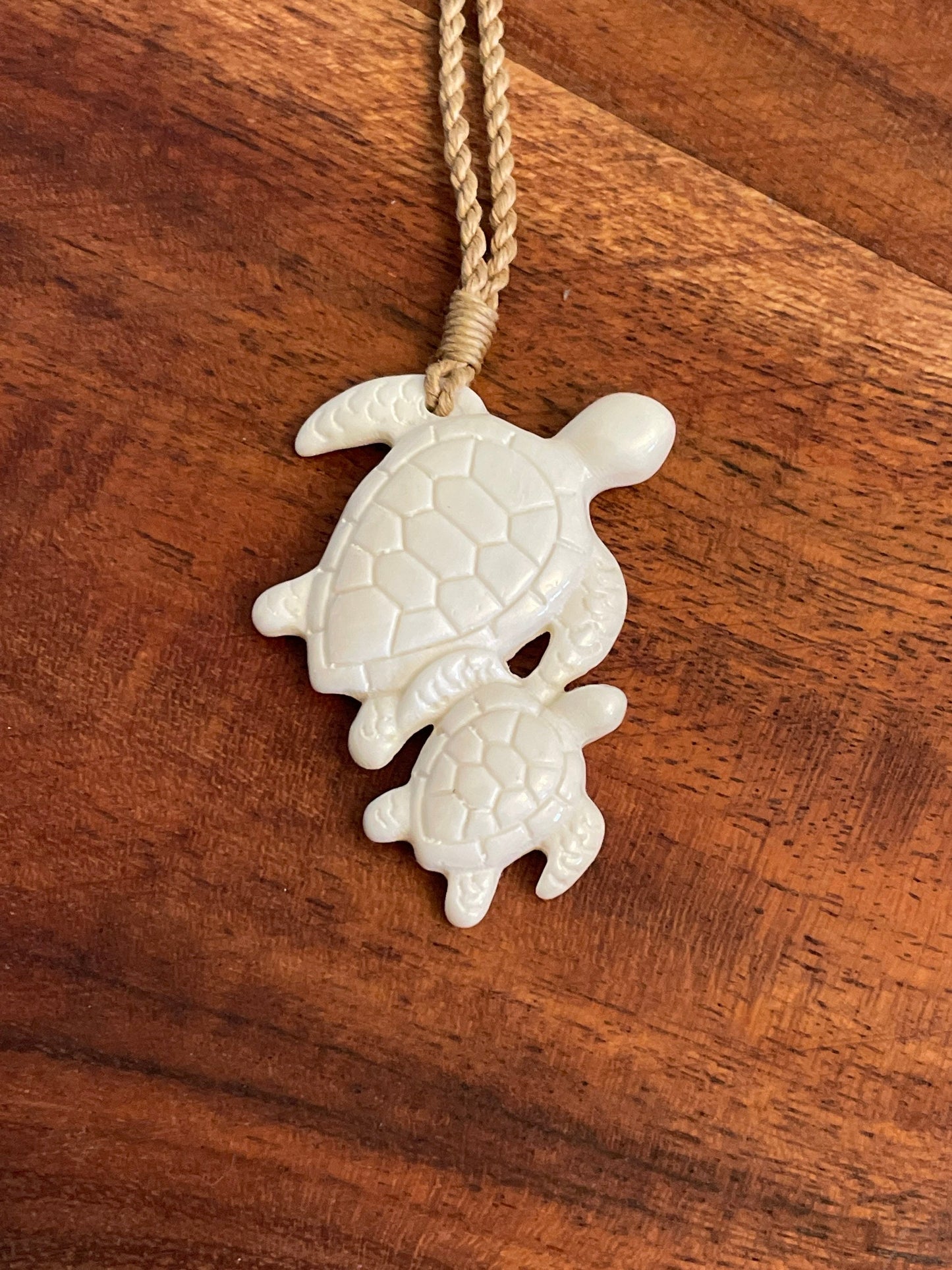 Momma and Baby Sea Turtle Duo Hand Carved Solid Bone Adjustable Necklace