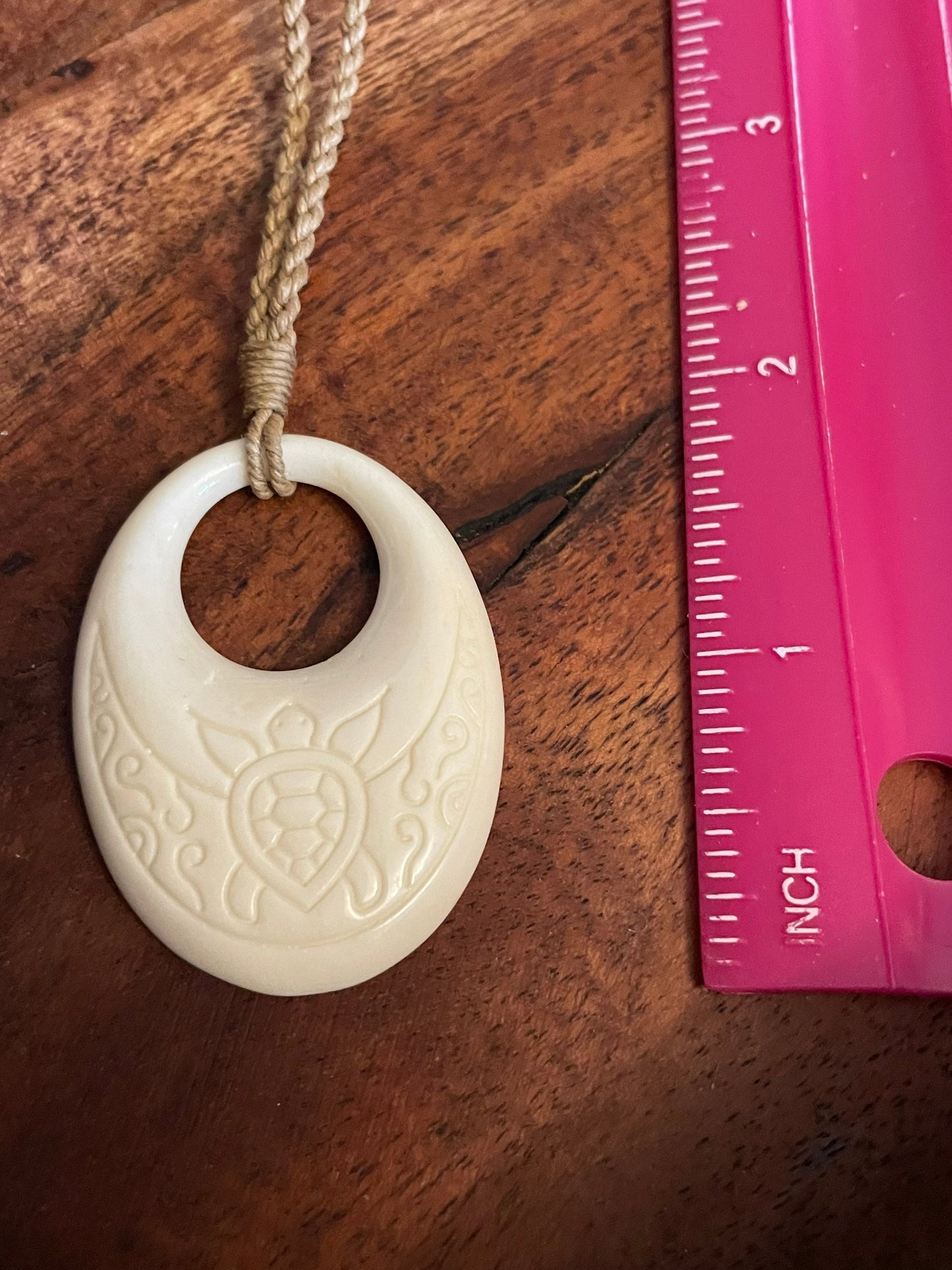 Solid Bone Handcarved Pendant with Sea Turtle, Honu, Engraved - Polynesian Beachy Boho Adjustable Necklace