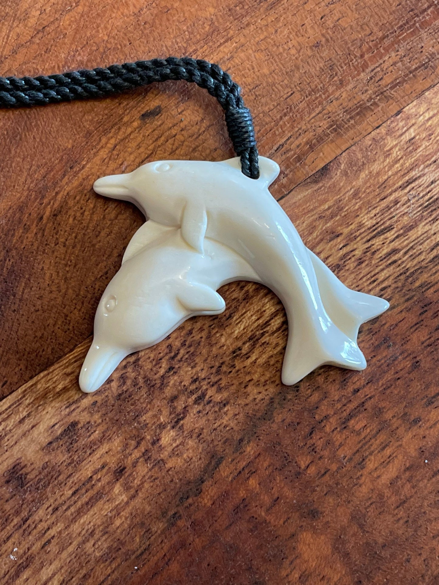 Sweet Set of Hand Carved Solid Bone Polynesian Dolphins Adjustable Necklace