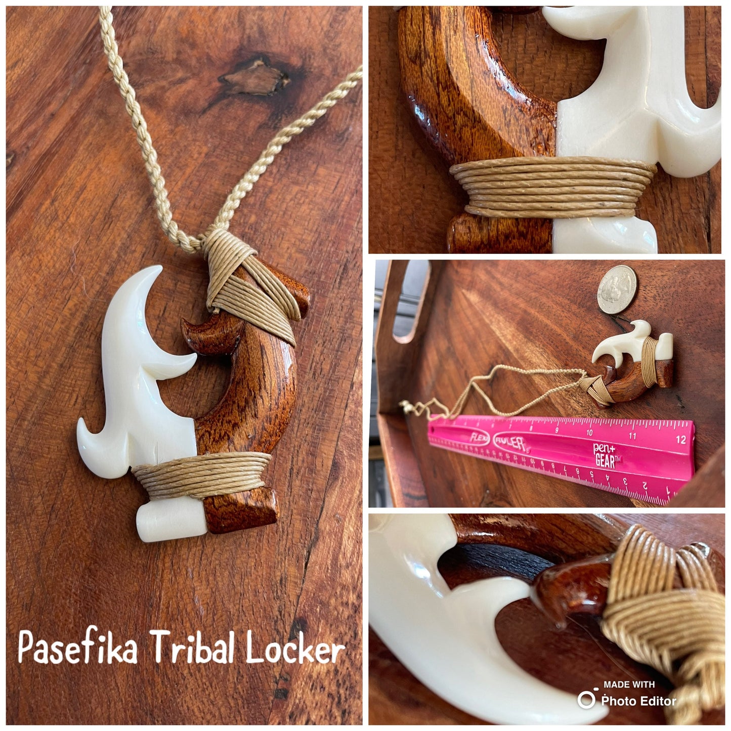Hand Carved Koa Wood Fish Hook Necklace - Buffalo Bone Makau