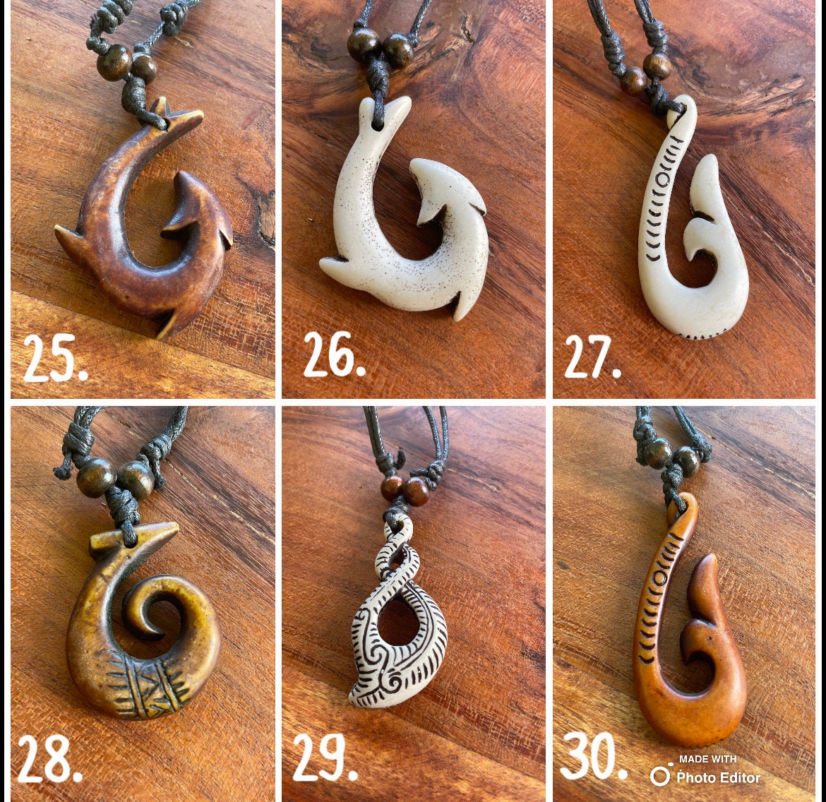 Maui Hooks - Hei Makau Adjustable Bone & Resin Necklaces- Story included in images!