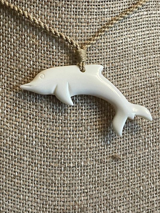 Hand Carved Bone Dolphin Necklace – Hawaiian Surfer Style Cord