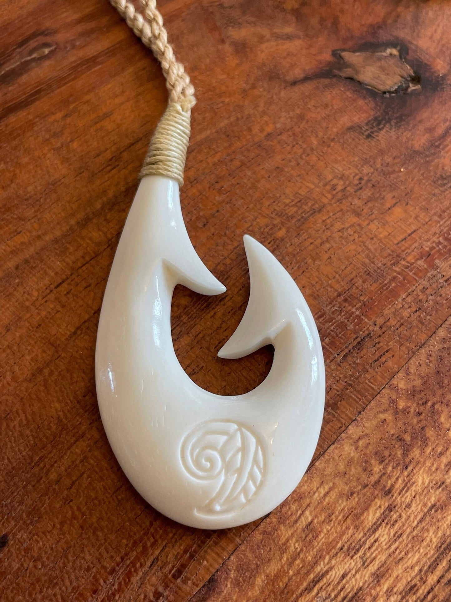 Hand Carved Buffalo Bone Fish Hook Necklace – Koru Fern Design