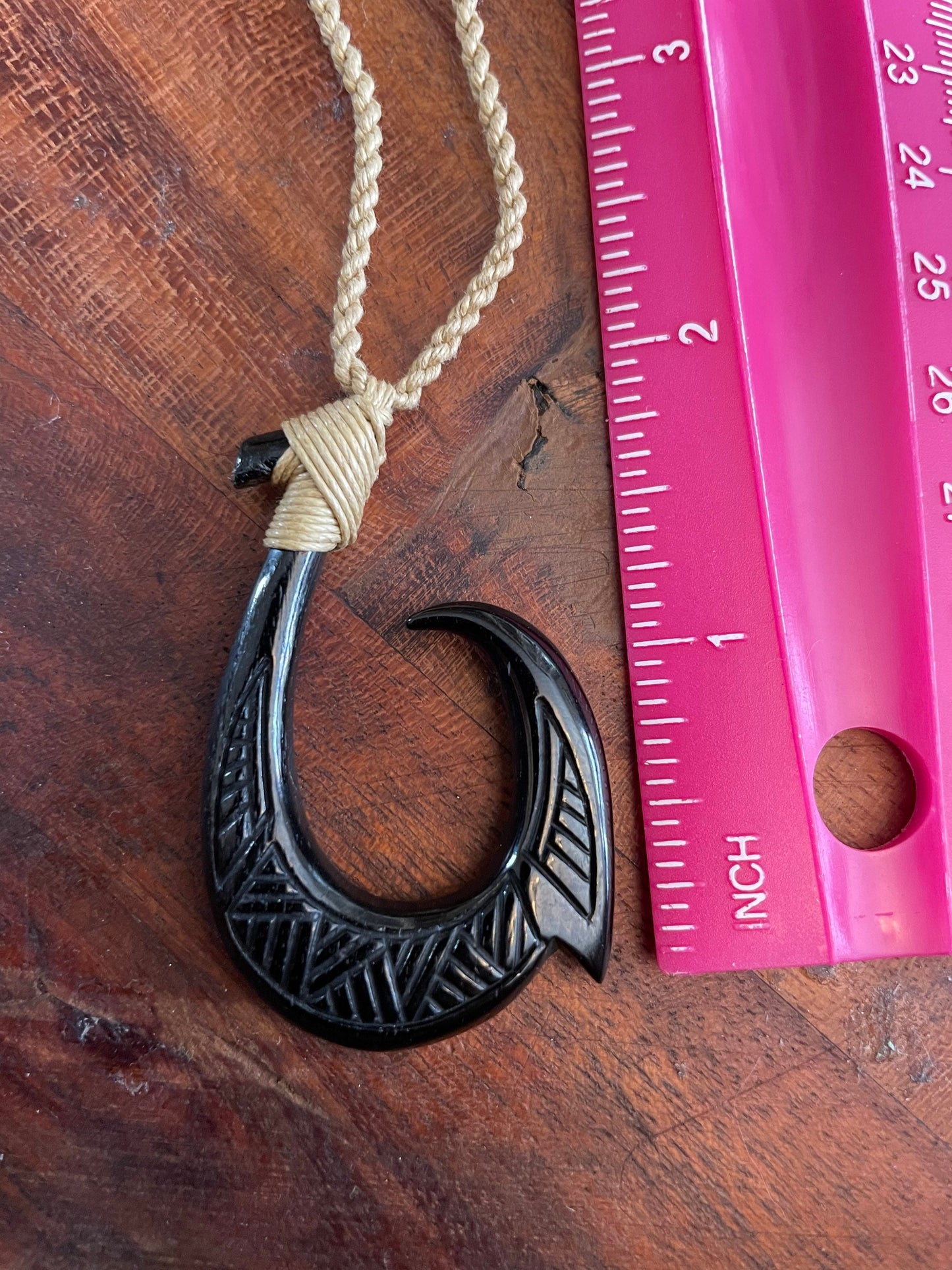 Hand Carved Buffalo Bone Makau Necklace: Micronesian/ Polynesian Fish Hook Pendant