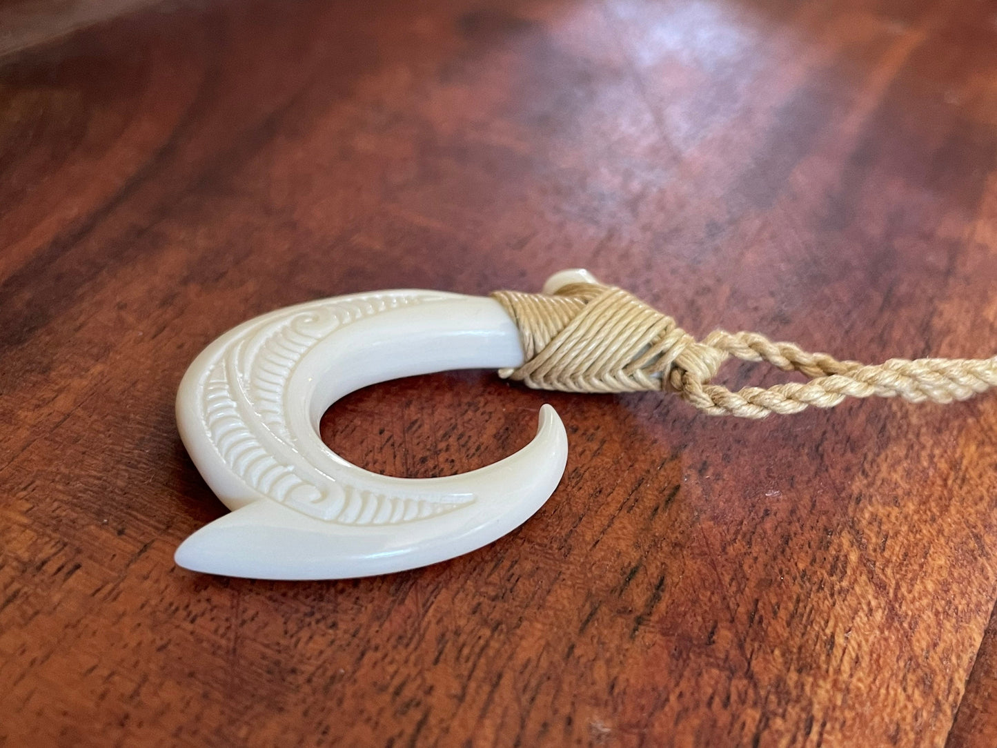 Polished Polynesian Solid Buffalo Bone Hei-Makau Fish Hook Adjustable Necklace