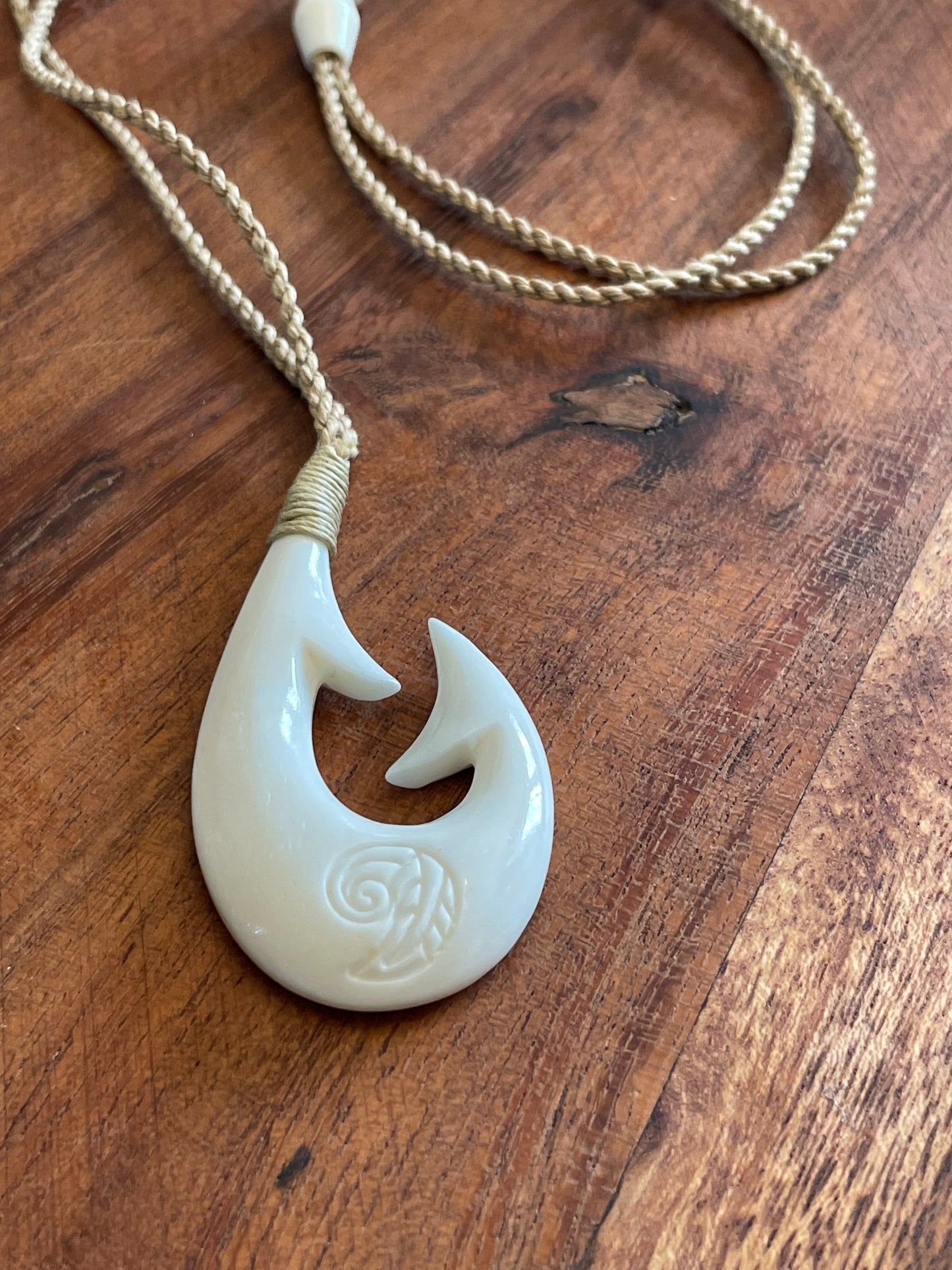 Hand Carved Buffalo Bone Fish Hook Necklace – Koru Fern Design
