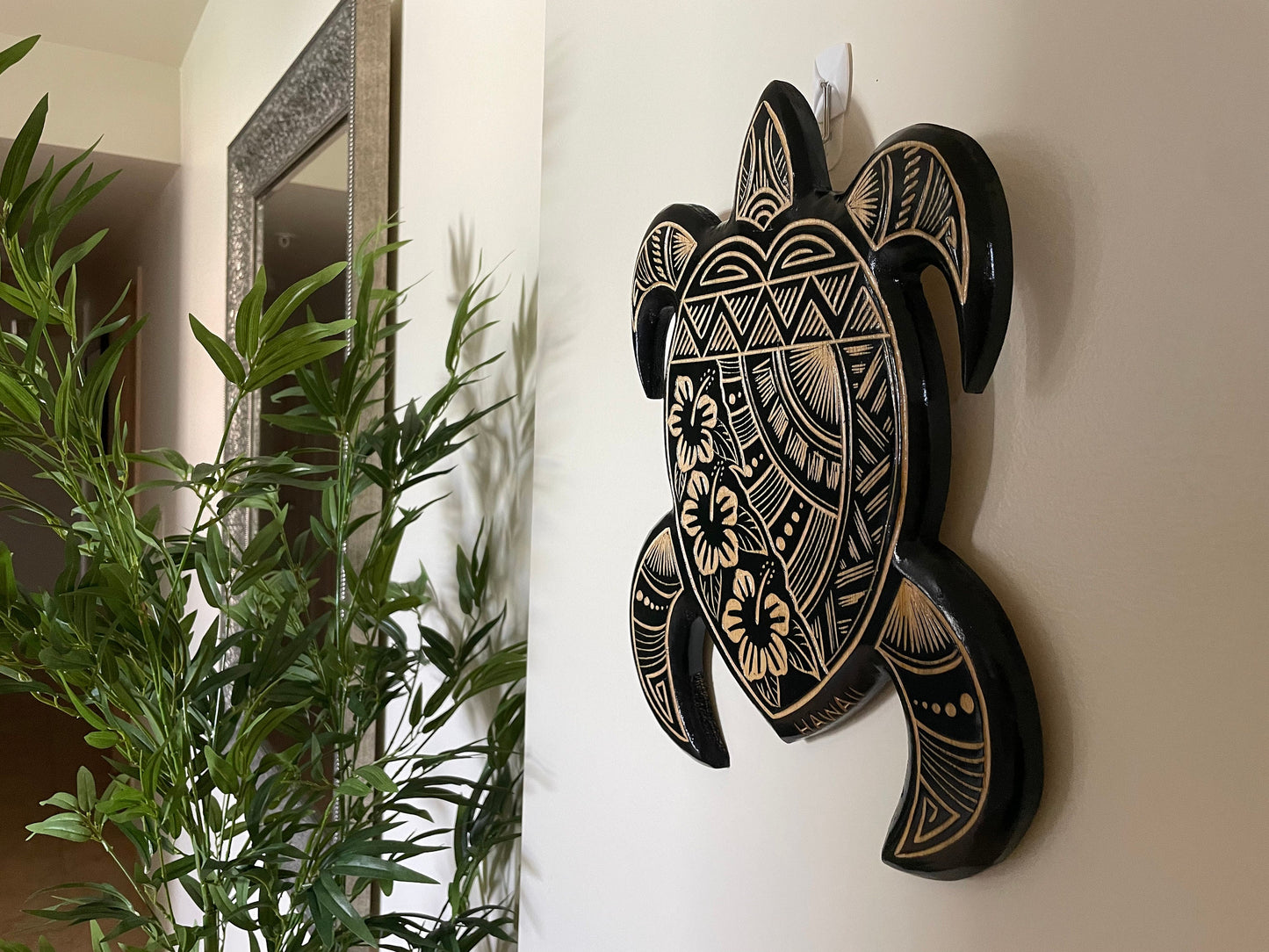 Hand Carved Polynesian Sea Turtle Plaque with Hibiscus