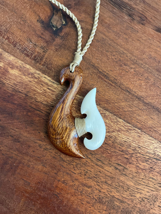 Authentically Hand Carved Buffalo Bone and Koa Wood Makau or Fish Hook Adjustable Necklace