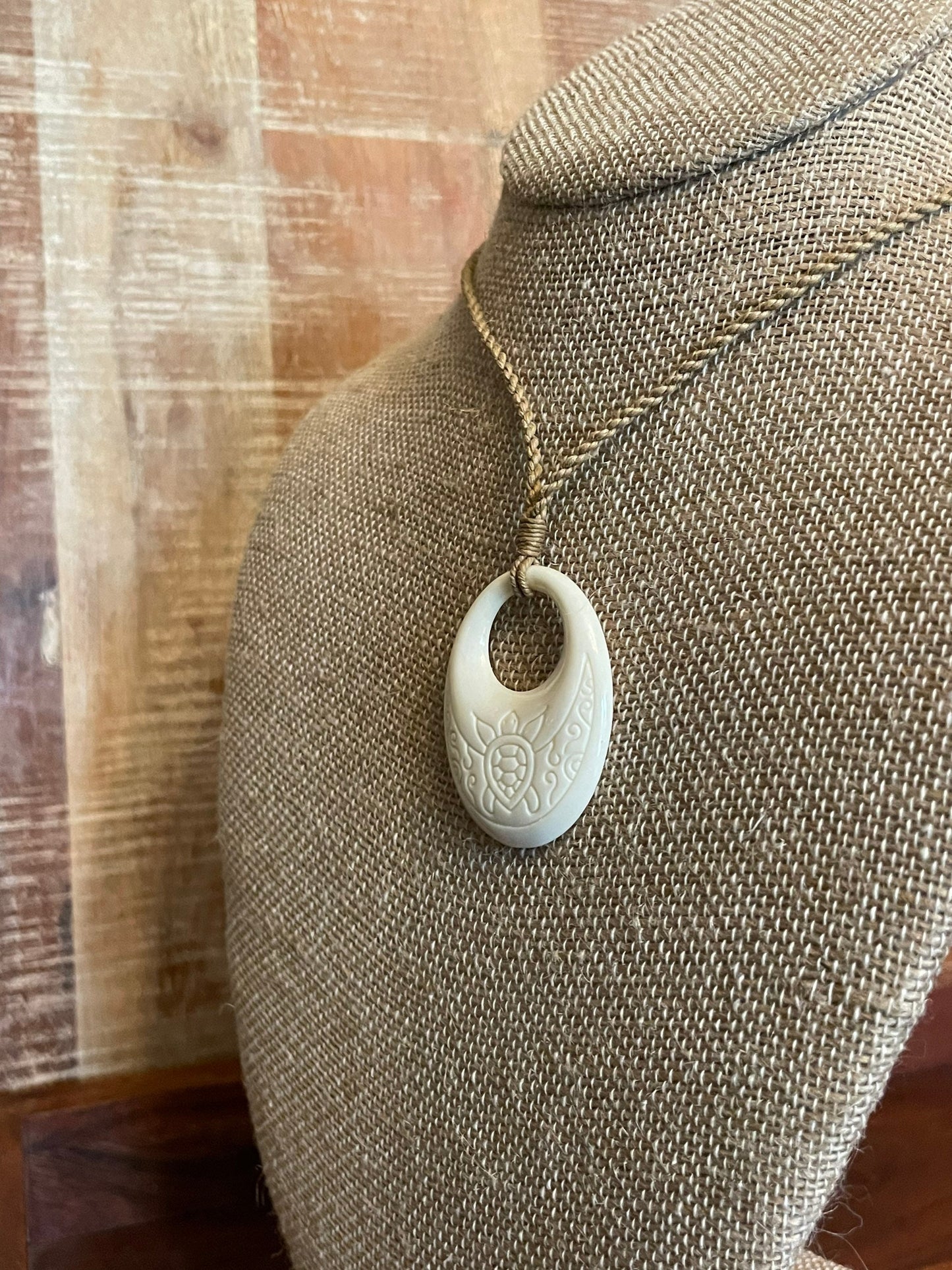 Solid Bone Handcarved Pendant with Sea Turtle, Honu, Engraved - Polynesian Beachy Boho Adjustable Necklace