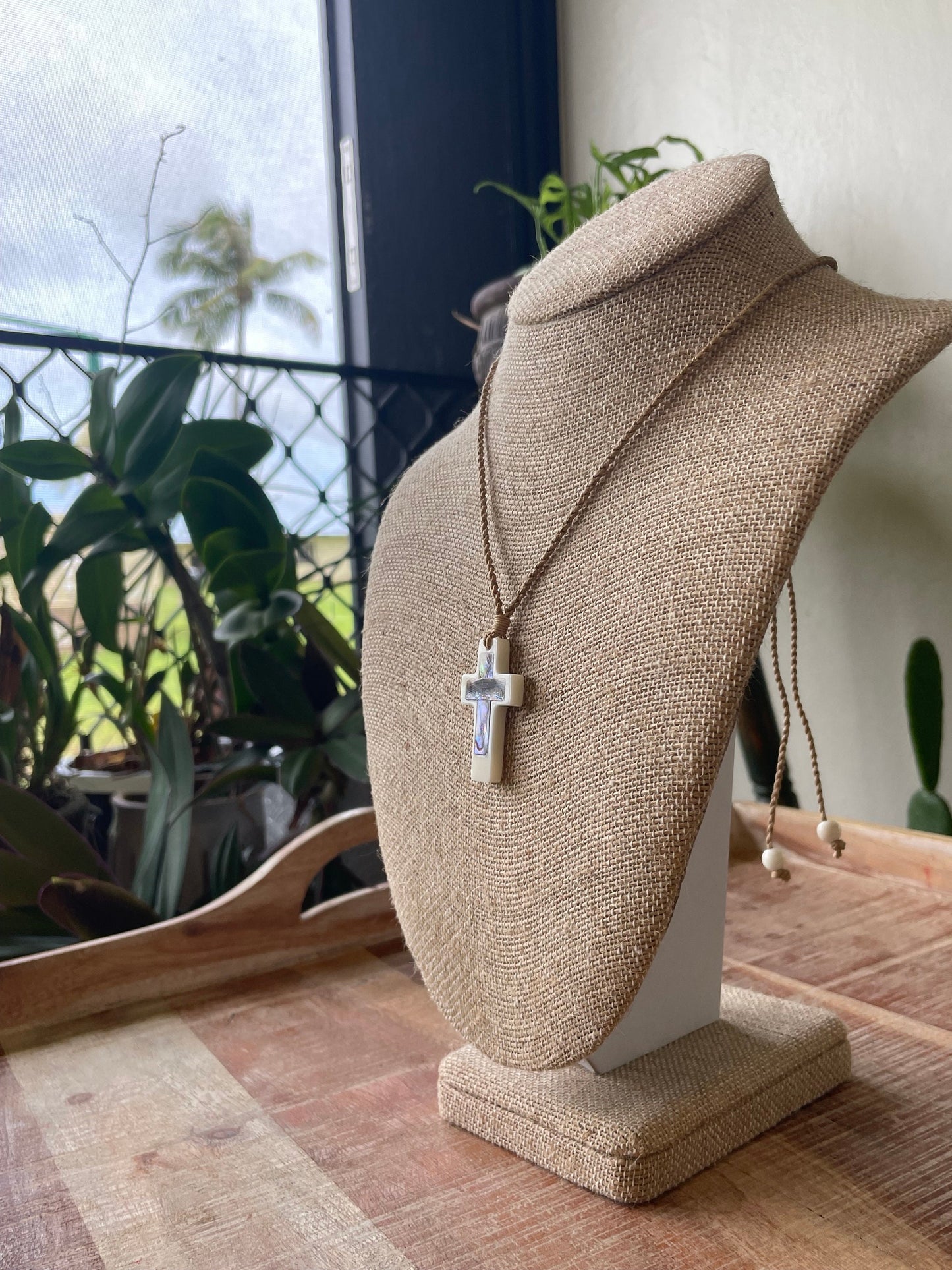 Christian Bone and Abalone Shell Cross Adjustable Necklace Polynesian Handcrafted Surfer Style