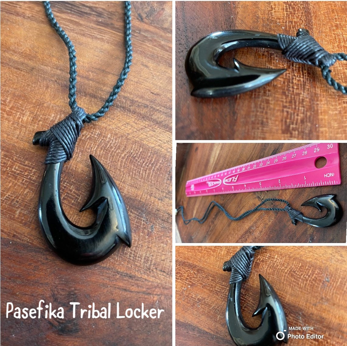 Onyx Solid Buffalo Bone/Horn, Hand Carved, Hei Makau ( Fish Hook) Adjustable Necklace