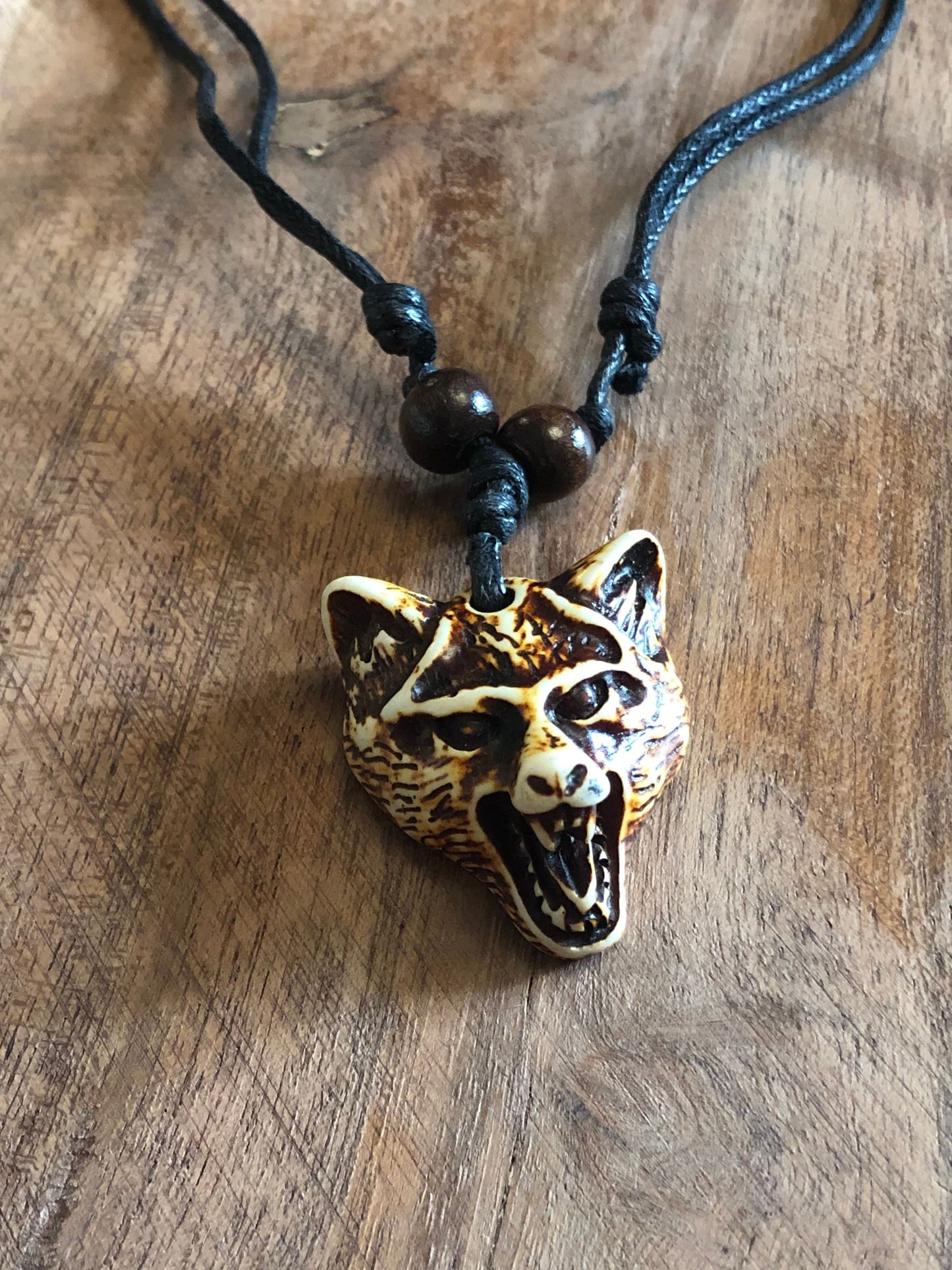 Naturalistic Styled Tribal Hand Crafted Bone and Resin Wolf or Dog Head Adjustable Necklace